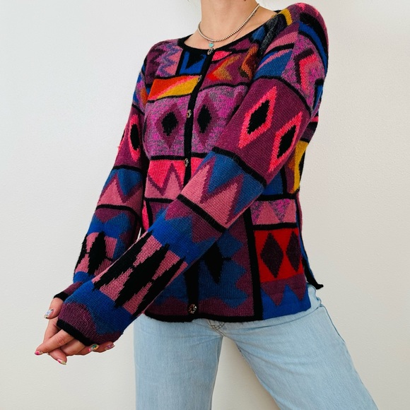Emoda 100% Alpaca cardigan sweater geometric print - Picture 4 of 8